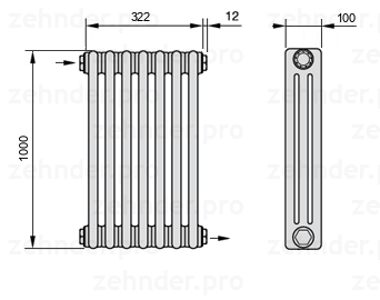 Схема (чертеж) Радиатор Zehnder Charleston 3100/7 №1670 Белый глянцевый RAL 9016
